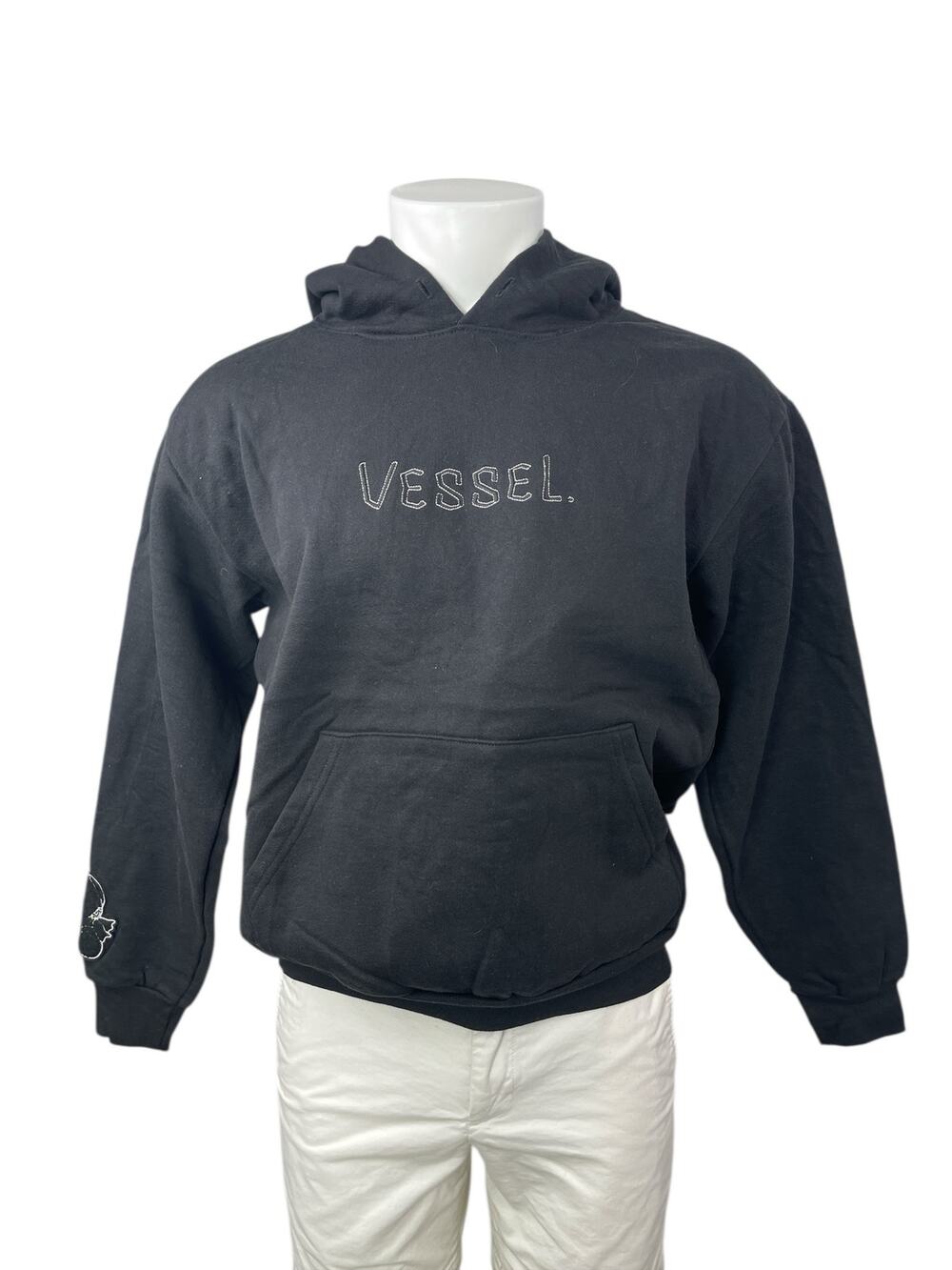 Vessel Unisex Black Embroidered Patchwork Long Sleeve Hoodie Sweatshirt Top Sz M